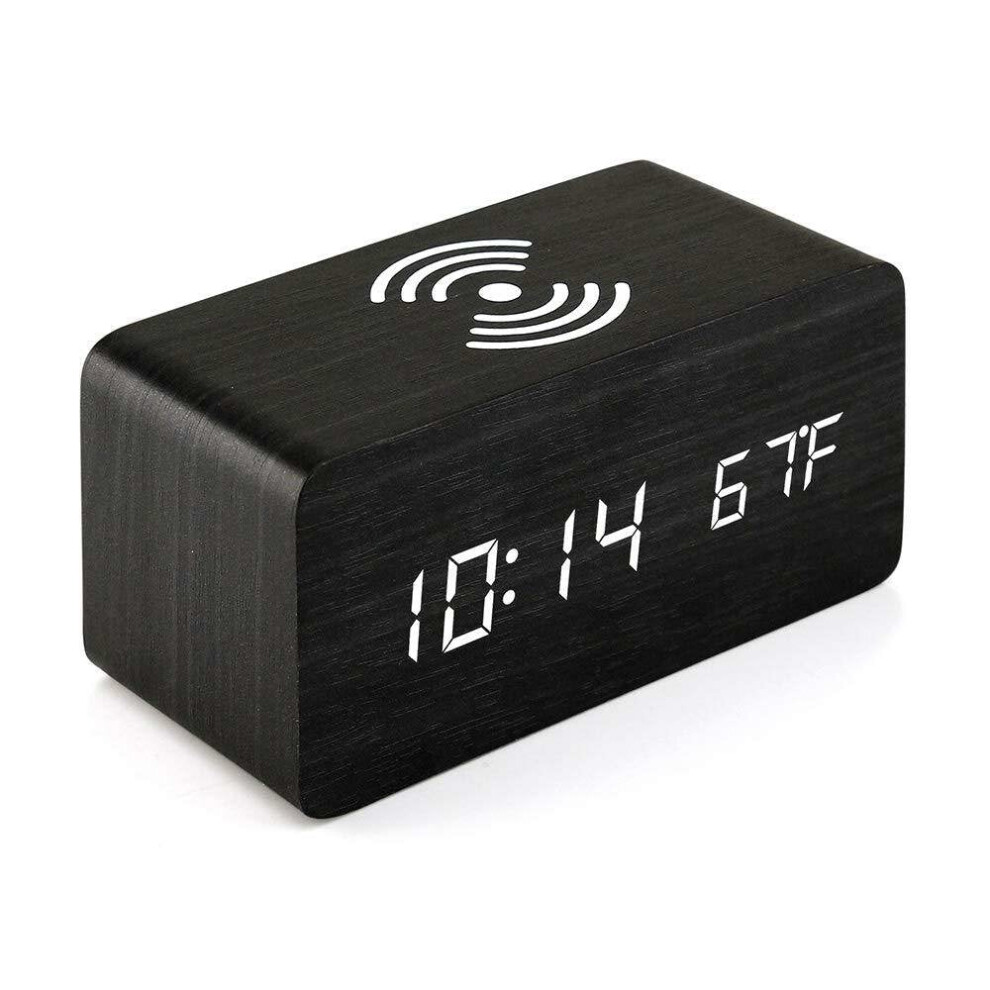 (Black) LED Digital Alarm Clock Creative Multi-functional Wireless Charging Wooden Snooze Clock