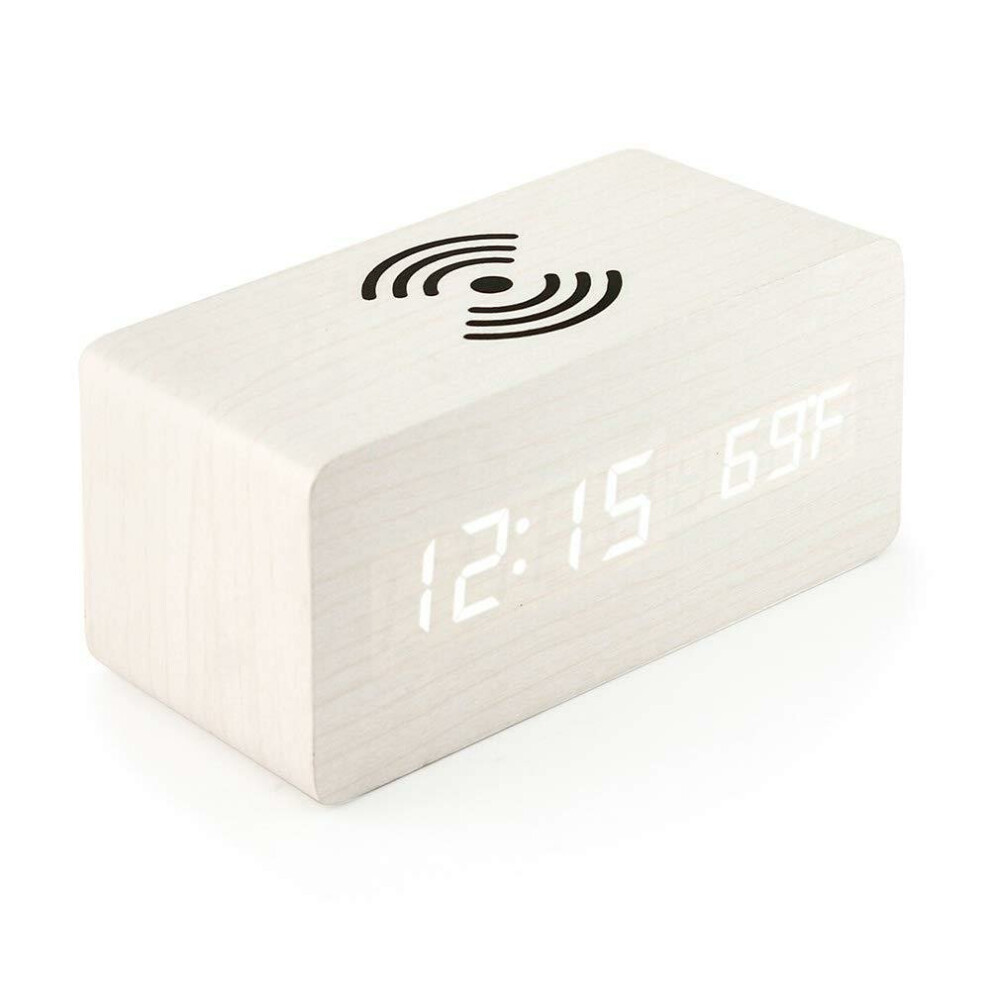 (White) LED Digital Alarm Clock Creative Multi-functional Wireless Charging Wooden Snooze Clock