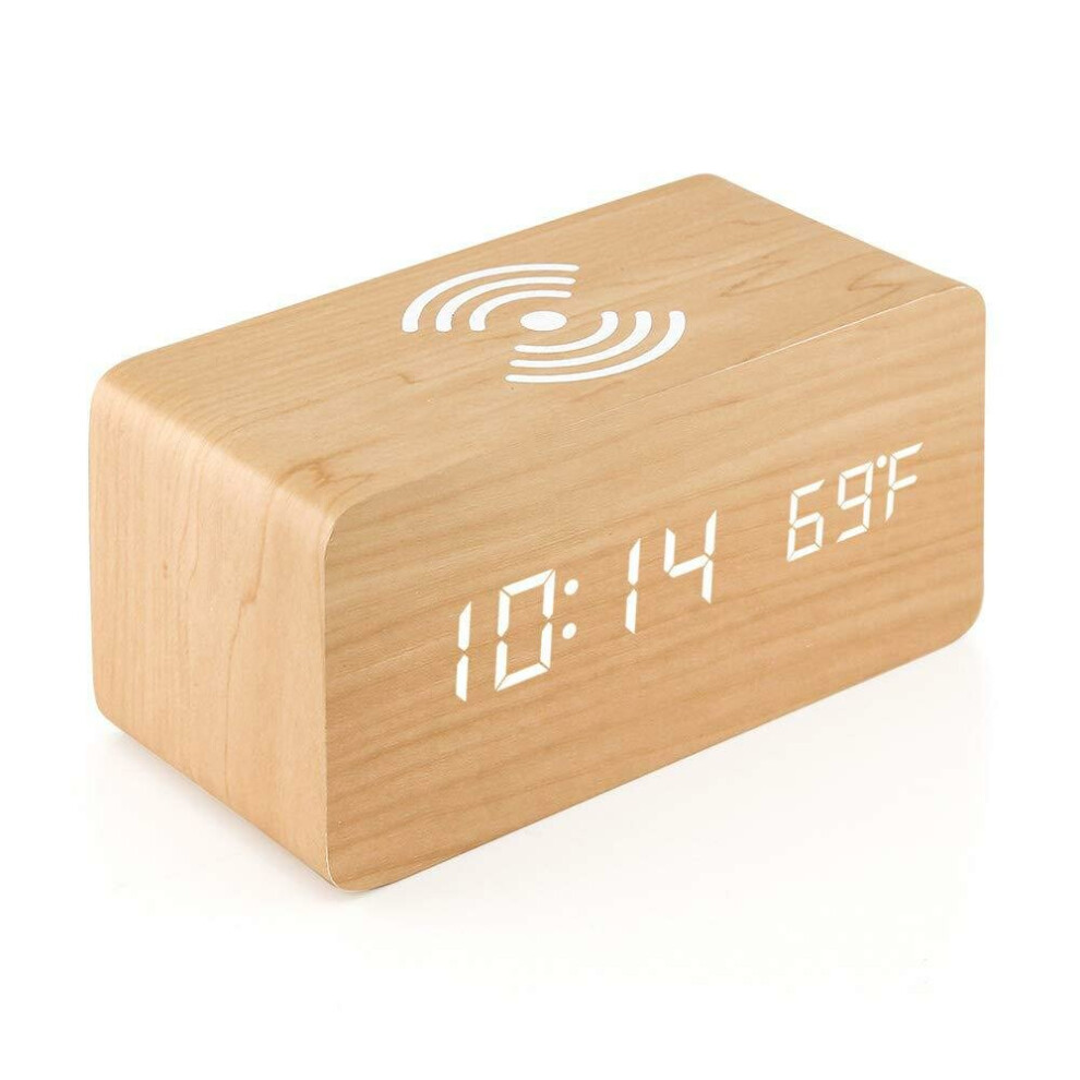 (Wood) LED Digital Alarm Clock Creative Multi-functional Wireless Charging Wooden Snooze Clock