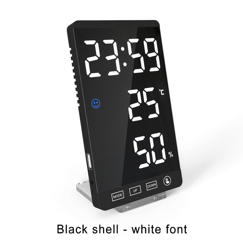 (Black shell - white font) LED Digital Alarm Clock Snooze Mirror Alarm Clock with USB Charging Port