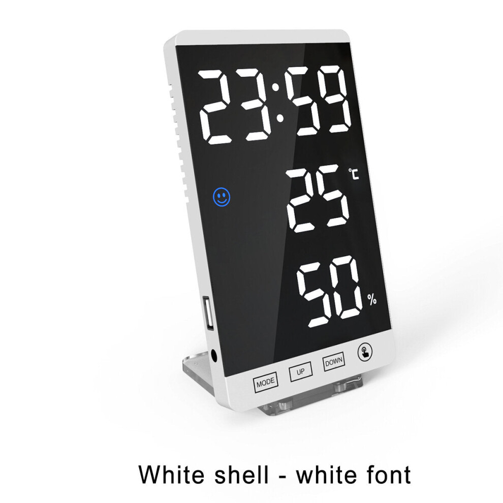 (White shell- white font) LED Digital Alarm Clock Snooze Mirror Alarm Clock with USB Charging Port