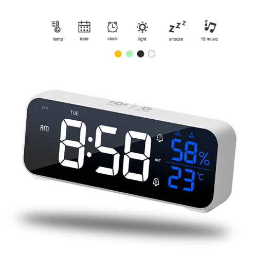 (White) Mirror Alarm Clock LED Music Wall Digital Clock Time Temperature Humidity Display USB Rechargeable Table Clock 2