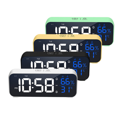 (White) Mirror Alarm Clock LED Music Wall Digital Clock Time Temperature Humidity Display USB Rechargeable Table Clock 1