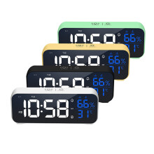 (White) Mirror Alarm Clock LED Music Wall Digital Clock Time Temperature Humidity Display USB Rechargeable Table Clock