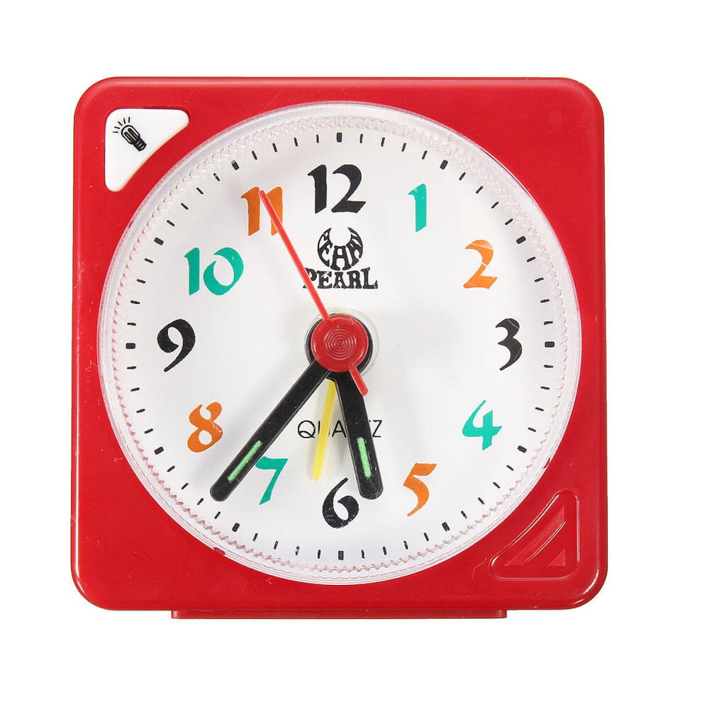 (Red) Mini Travel Alarm Clock Analogue Quartz LED Light With Snooze