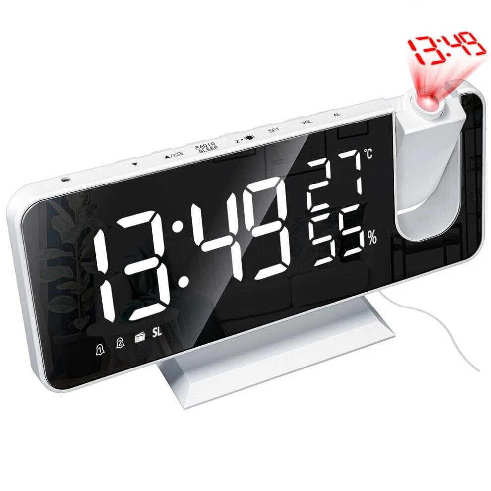 (white shell with white light) LED Mirror Alarm Clock Big Screen Temperature and Humidity Display with Radio and Time Projection Function Electronic C