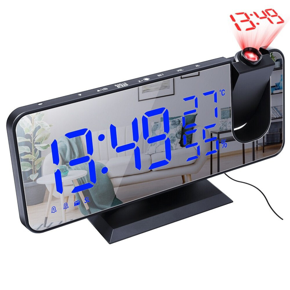 (Black shell with blue light) LED Mirror Alarm Clock Big Screen Temperature and Humidity Display with Radio and Time Projection Function Electronic Cl