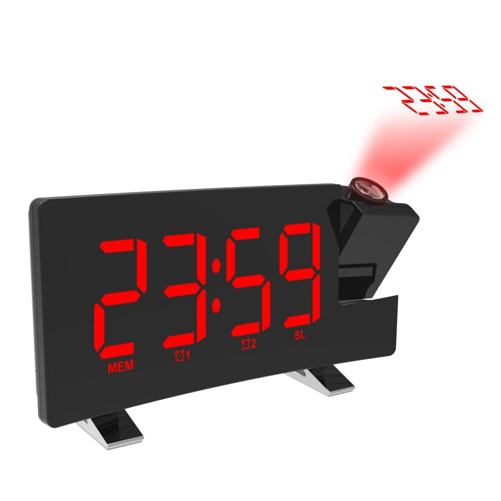 (Red) Radio Projection Alarm Clock Large Screen LED Display Electronic Clock Curved Double Alarm Clock