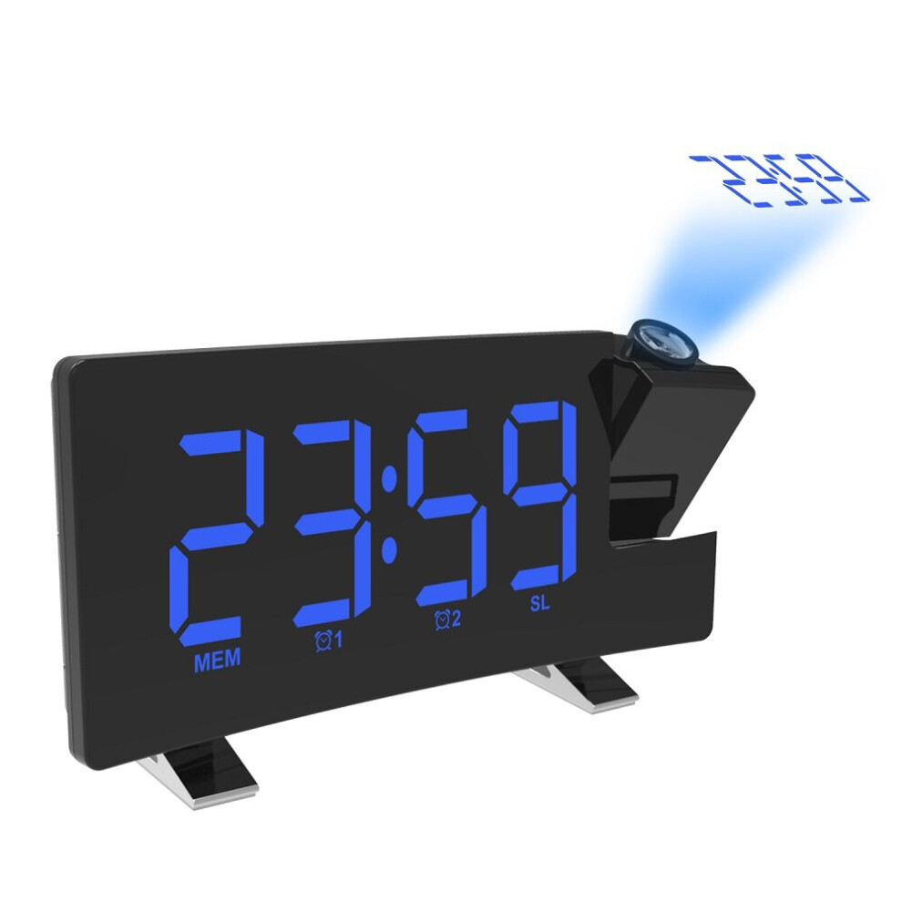 (Blue) Radio Projection Alarm Clock Large Screen LED Display Electronic Clock Curved Double Alarm Clock