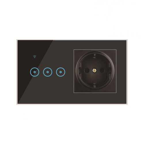 (Black, 3 Way) Wall Smart Switch Socket Touching Tempered Glass Smart Light Controlling Panel Work With Ewelink 2 In 1 1/2/3 Way 1