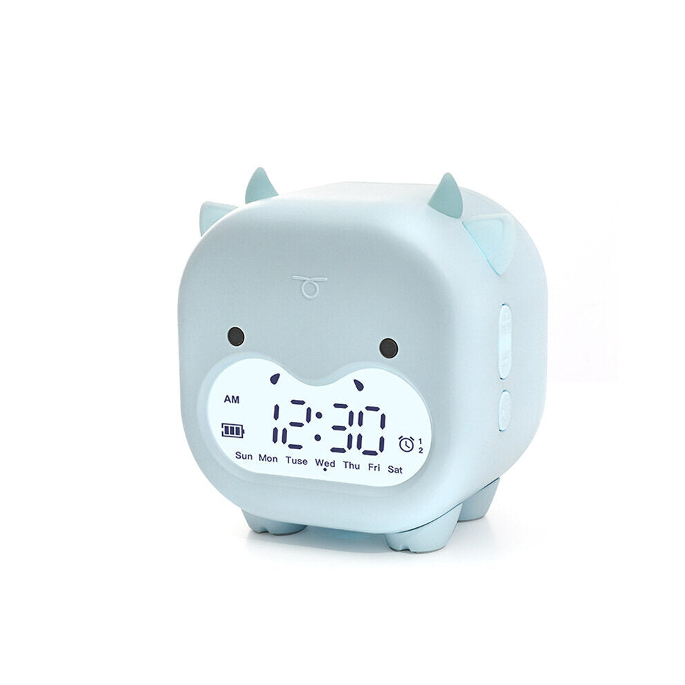 (Blue) Timing Cow Shape Alarm Clock Digital Creative Electronic Clock Children's Student Voice Report Clock USB Charging