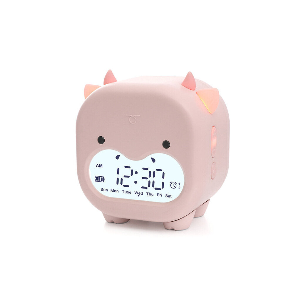 (Pink) Timing Cow Shape Alarm Clock Digital Creative Electronic Clock Children's Student Voice Report Clock USB Charging