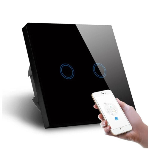 (Black) Standard Smart Light Switch WiFi 2 Gang Wireless Touch Sensor Remote Control Smart Switch with Power Statistics Function 2
