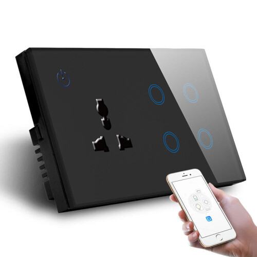 (Black) UK Standard Combination Switch Touch Glass Panel Smart WIFI 4gang Light Switch and Wall Socket Voice Control 147*86MM