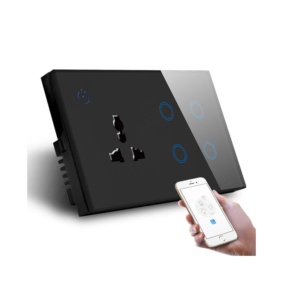 (Black) UK Standard Combination Switch Touch Glass Panel Smart WIFI 4gang Light Switch and Wall Socket Voice Control 147*86MM