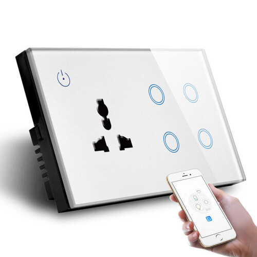 (Black) UK Standard Combination Switch Touch Glass Panel Smart WIFI 4gang Light Switch and Wall Socket Voice Control 147*86MM 1