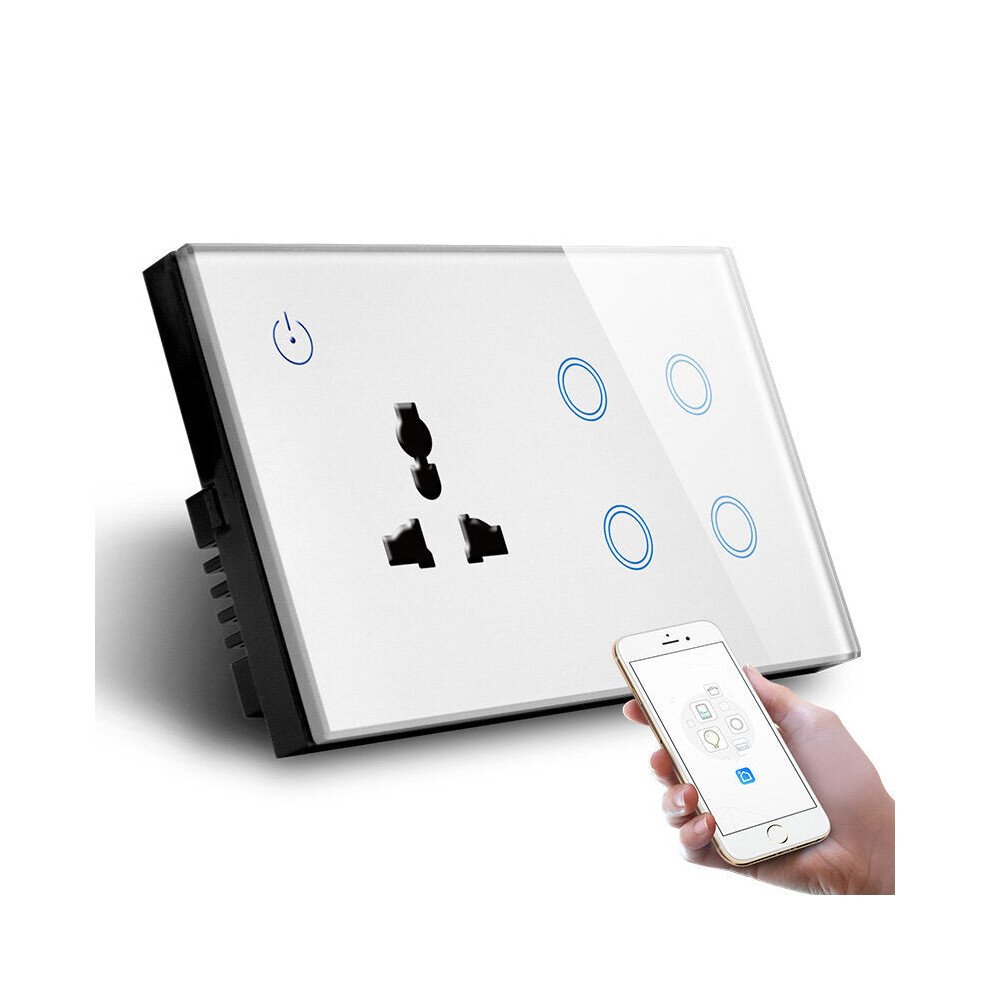 (White) UK Standard Combination Switch Touch Glass Panel Smart WIFI 4gang Light Switch and Wall Socket Voice Control 147*86MM