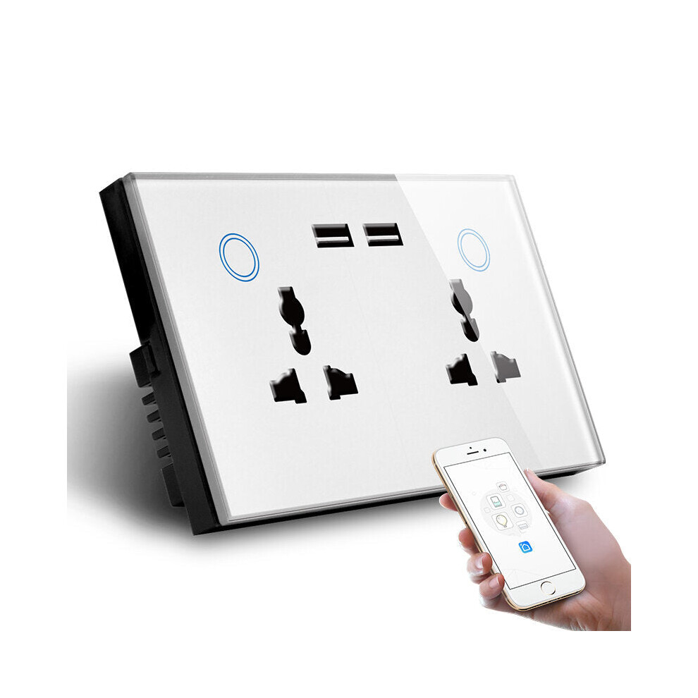 (White) Smart WiFi Switch Double Universal Outlet with USB Compatible with Alexa and Google Home Power Metering Functioon 147mm*86mm