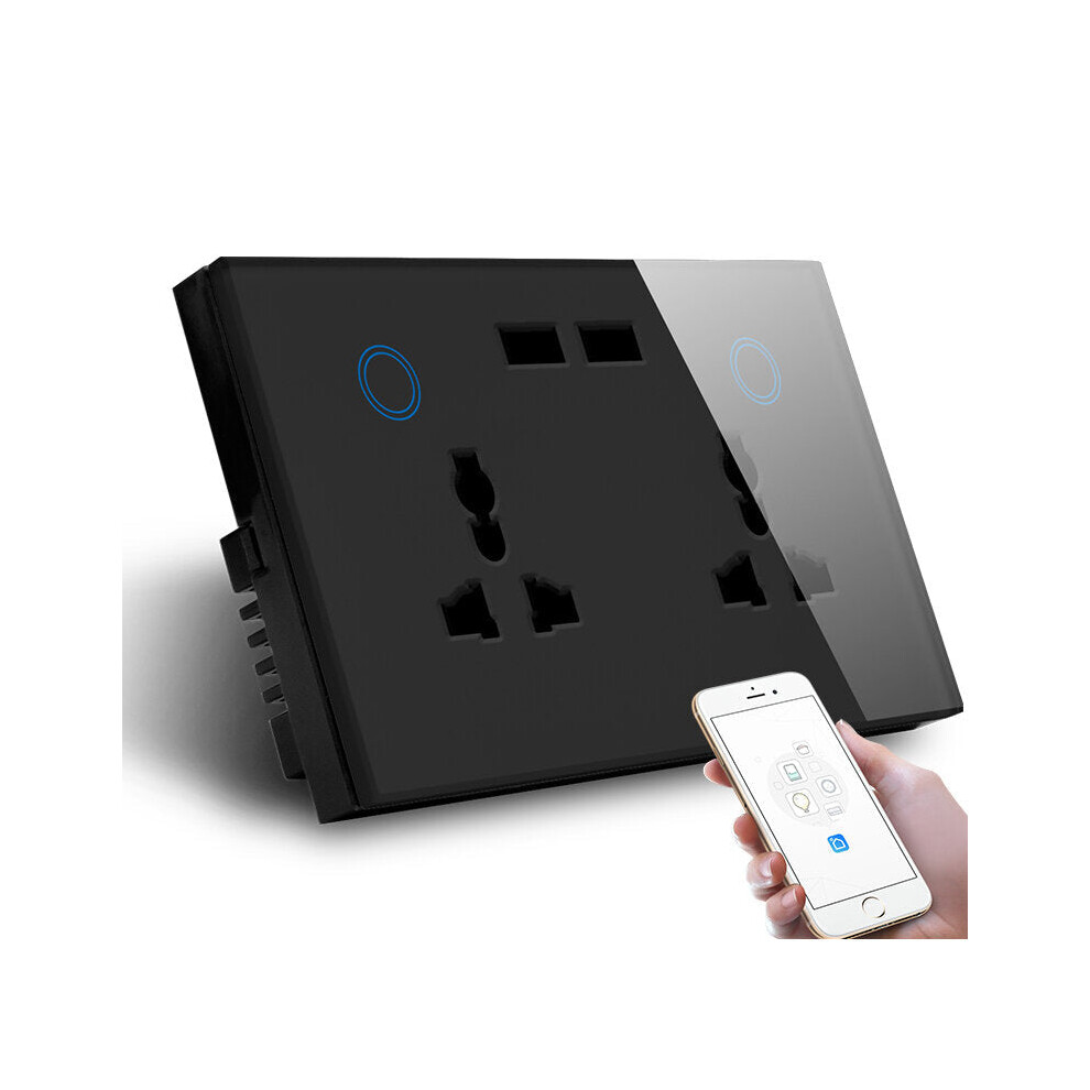 (Black) Smart WiFi Switch Double Universal Outlet with USB Compatible with Alexa and Google Home Power Metering Functioon 147mm*86mm