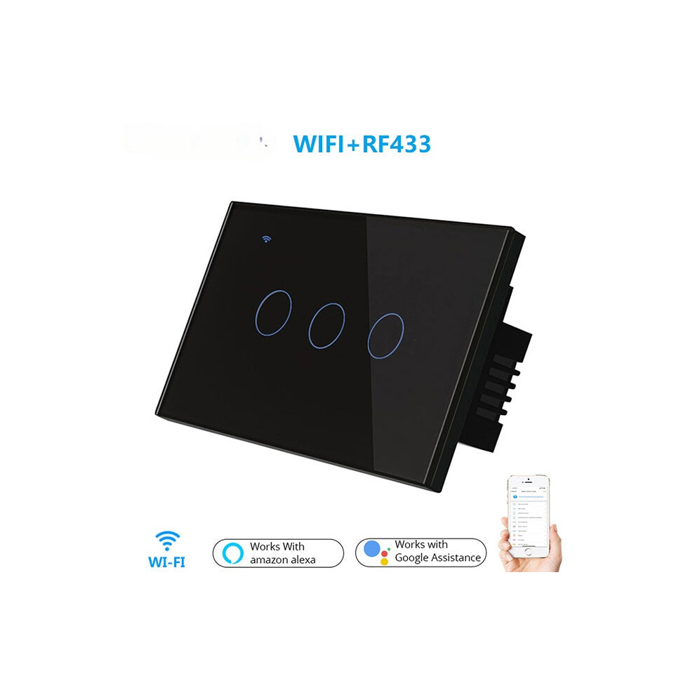 (Black) US WiFi+RF Smart Lights Wall Touch Switch APP Voice Remote Control Wireless Lamp Smart Home Switch,3 Gang 1/2 Way