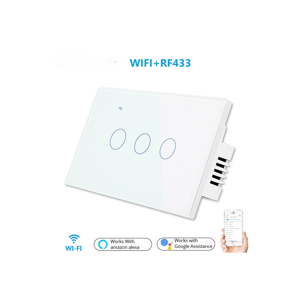 (White) US WiFi+RF Smart Lights Wall Touch Switch APP Voice Remote Control Wireless Lamp Smart Home Switch,3 Gang 1/2 Way