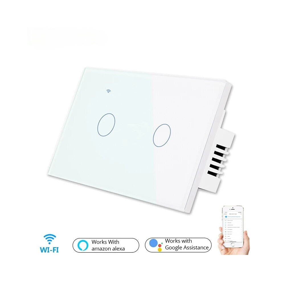 (White) US WiFi+RF Smart Lights Wall Touch Switch APP Voice Remote Control Wireless Lamp Smart Home Switch,2 Gang 1/2 Way