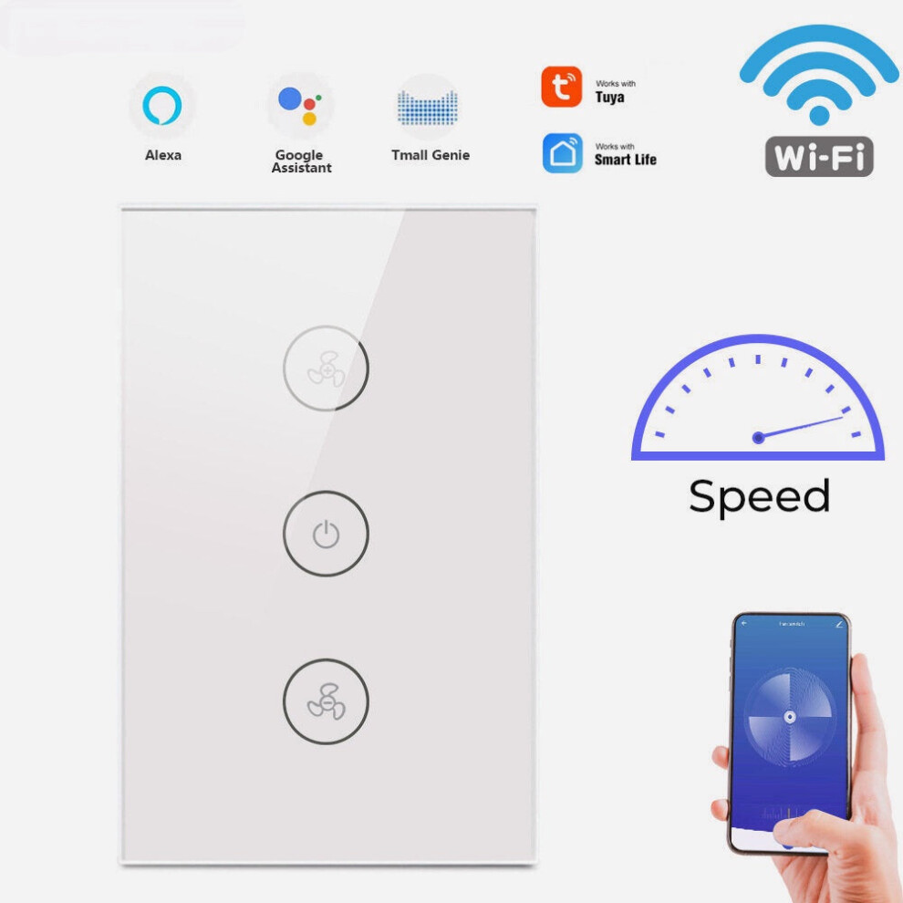 (US Plug) Touch WiFi Ceiling Fan Switch EU/US Remote Timer Speed Wall Glass APP Control Work with Alexa Google Home