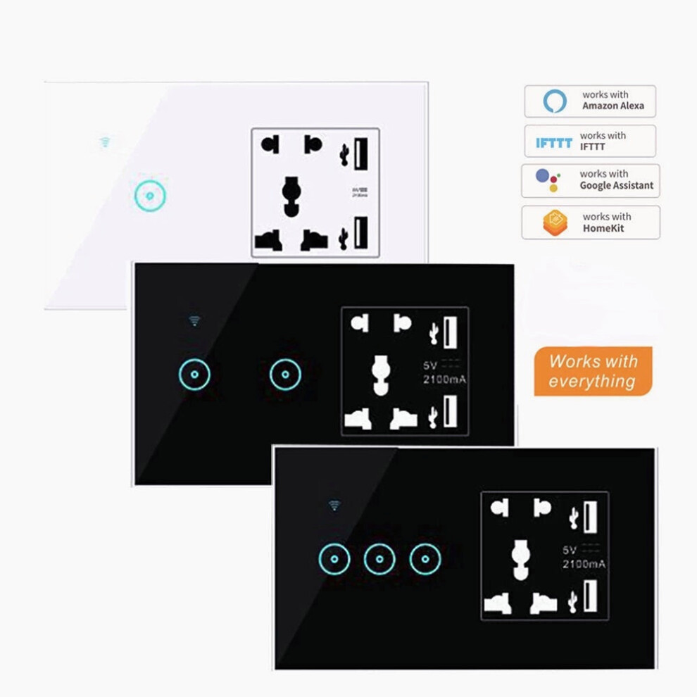 (Black, 1 Way) Wifi Smart Light Switch Ewelink/App Control Wireless Interruptor Wall Outlets with Universal Electrical Plug Sockets/2* USB work with Alexa