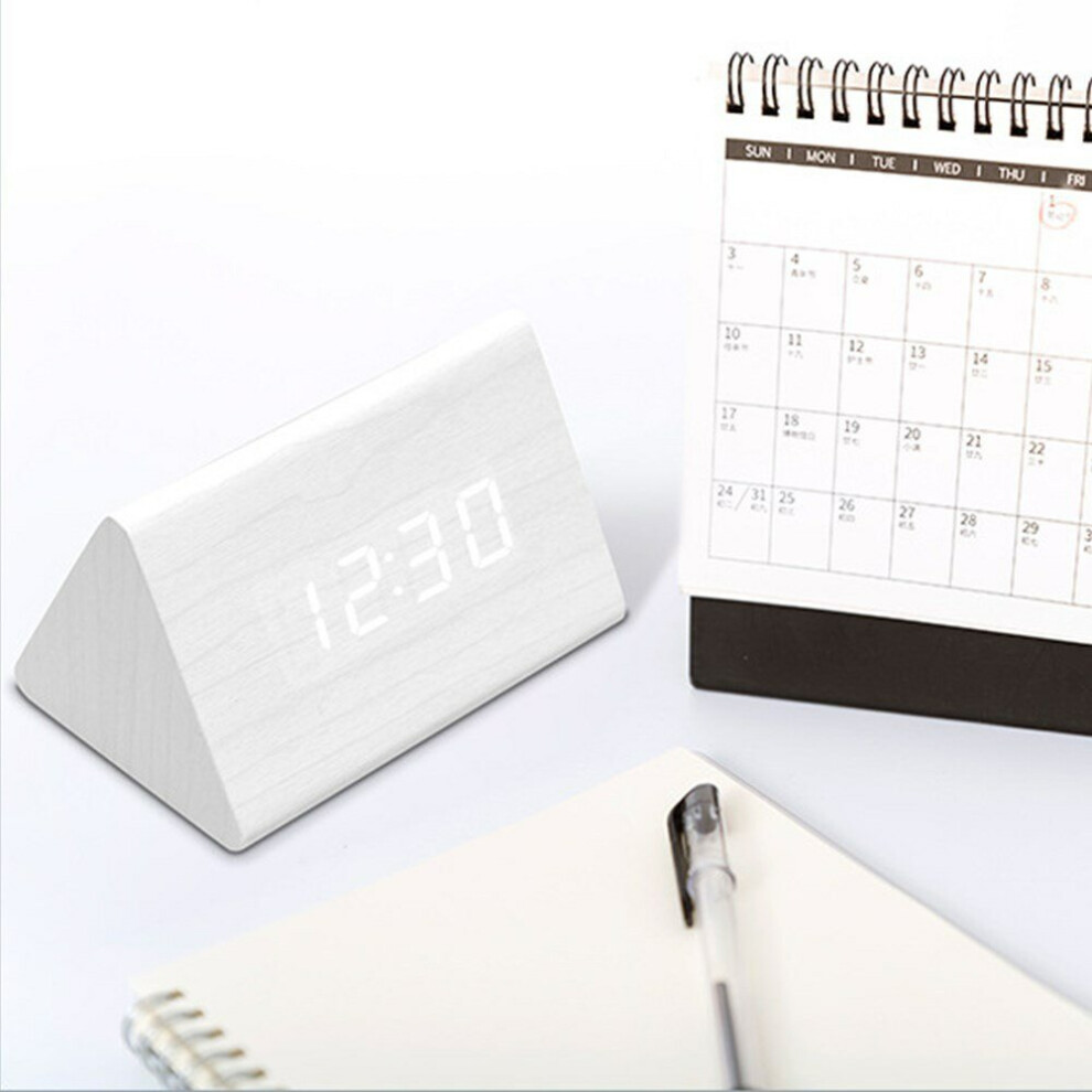 (White) LED Alarm Clock Creative Simple White Light Voice Control Temperature Display Calendar Wooden Clock