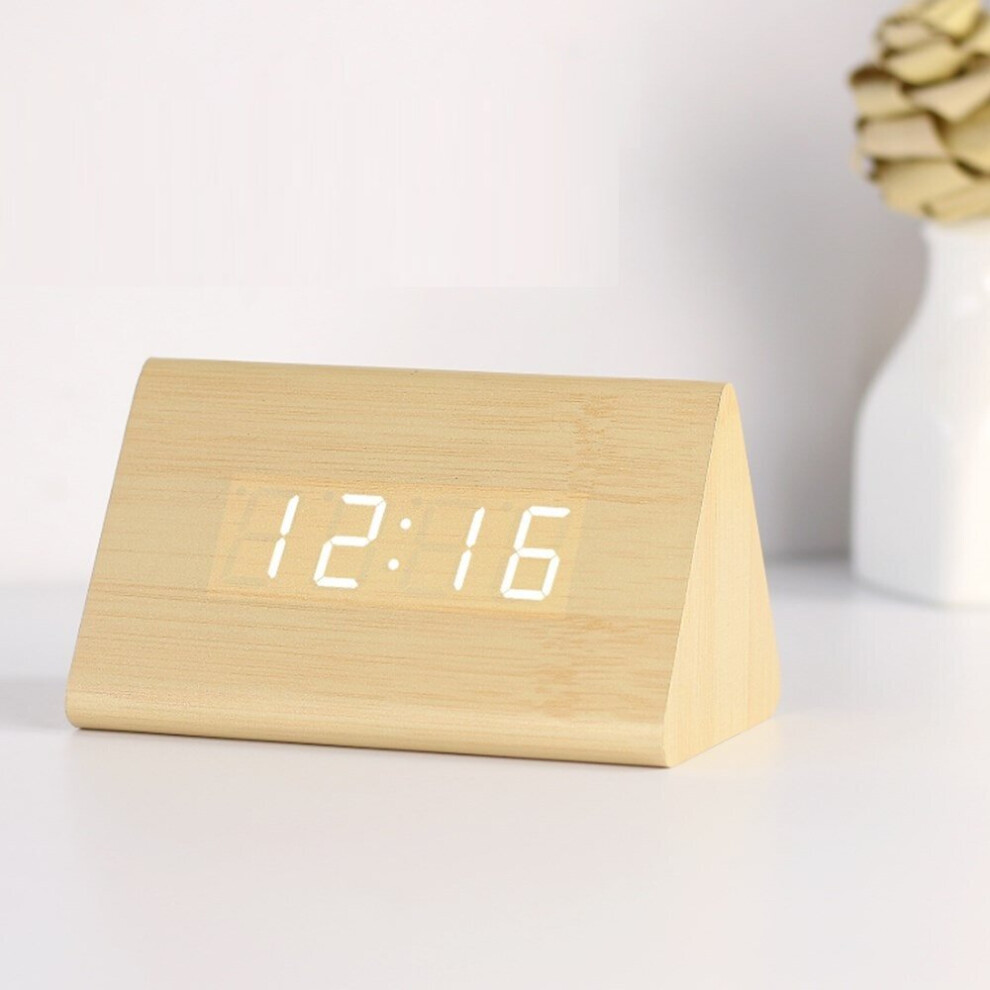 (Wood) LED Alarm Clock Creative Simple White Light Voice Control Temperature Display Calendar Wooden Clock