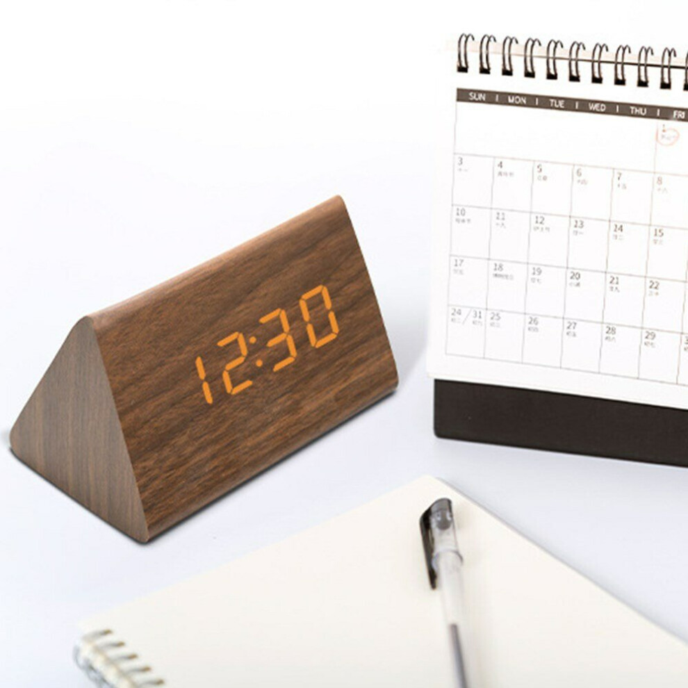 (Brown) LED Alarm Clock Creative Simple White Light Voice Control Temperature Display Calendar Wooden Clock