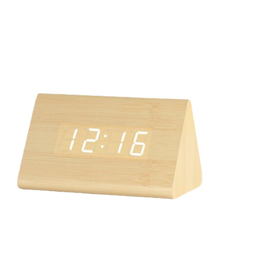 (Black) LED Alarm Clock Creative Simple White Light Voice Control Temperature Display Calendar Wooden Clock 1