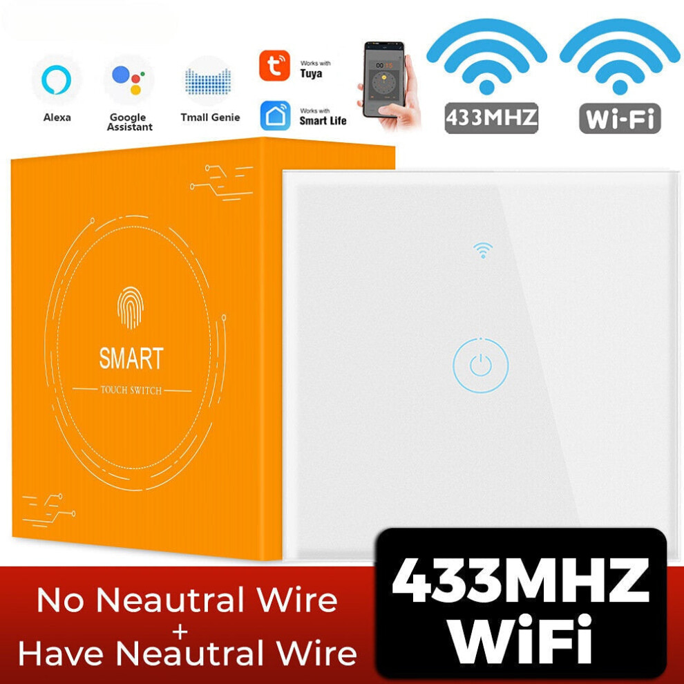 (1 Gang White) Smart Wifi Touch 433mhz Switch Light EU No Neutral Wire Required Remote Timing Control On Of for Alexa Google Home
