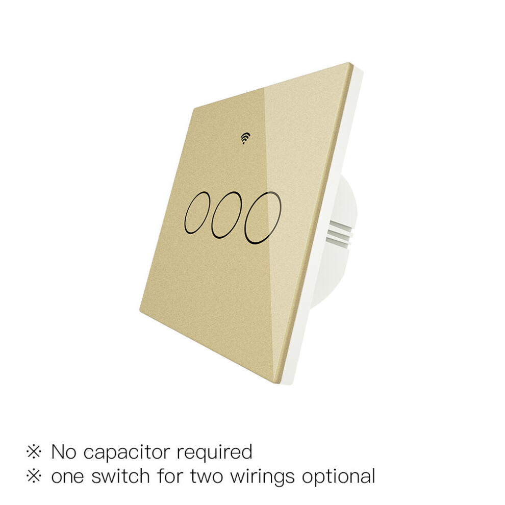 (3 Gang Gold) EU Wall Touch 250V 50/60Hz Smart Light Switch for Neutral Wire/No Neutral Wire No Capacitor Works with Alexa Google Hub Required