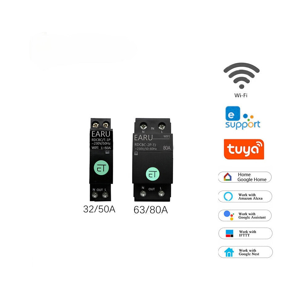 (Black, Tuya 63A) Smart Light Switch WIFI 63/80A Single Phase Circuit Breaker Timer Relay Switch Voice Remote Control Works With Tuya eWeLink APP Alex