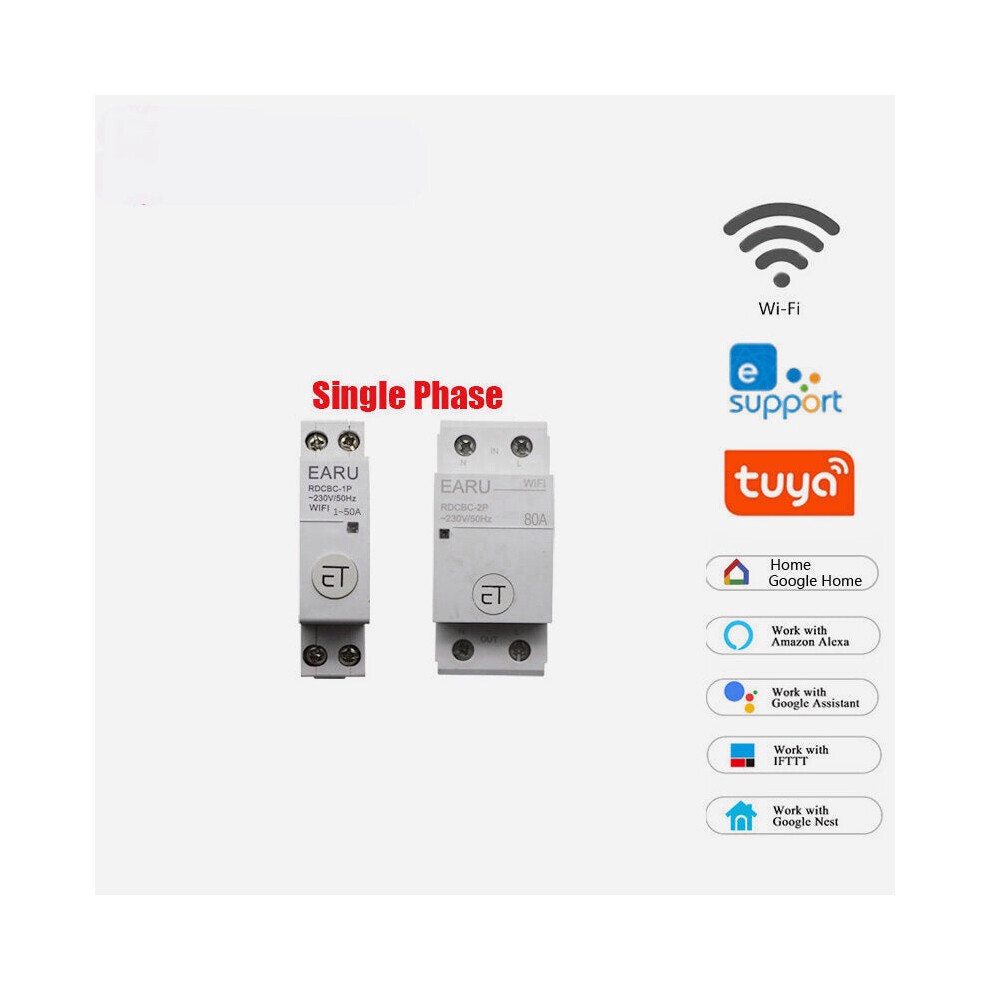 (White, 63A) Smart Light Switch WIFI 63/80A Single Phase Circuit Breaker Timer Relay Switch Voice Remote Control Works With Tuya eWeLink APP Alexa Goo