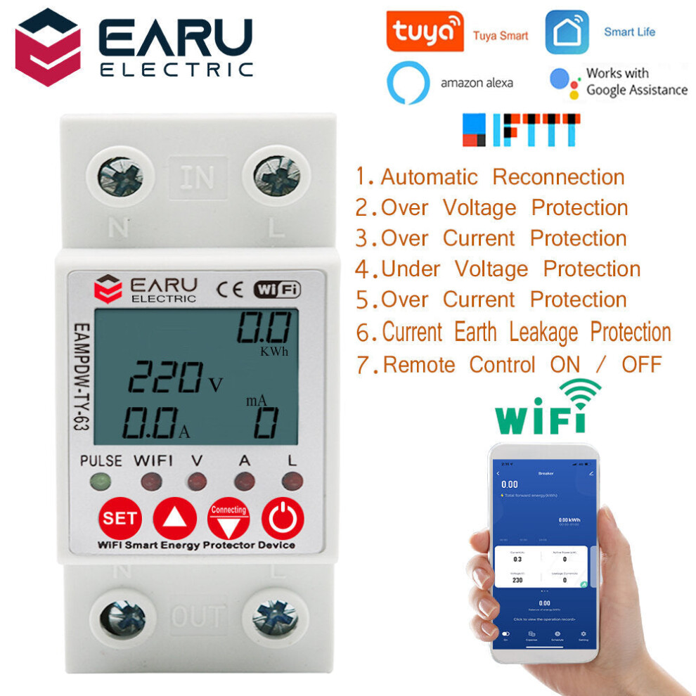 WiFi Smart Circuit Earth Leakage Over Under Voltage Protector Relay Device Switch Breakers Energy Power kWh Meter Works With Alexa Google Home