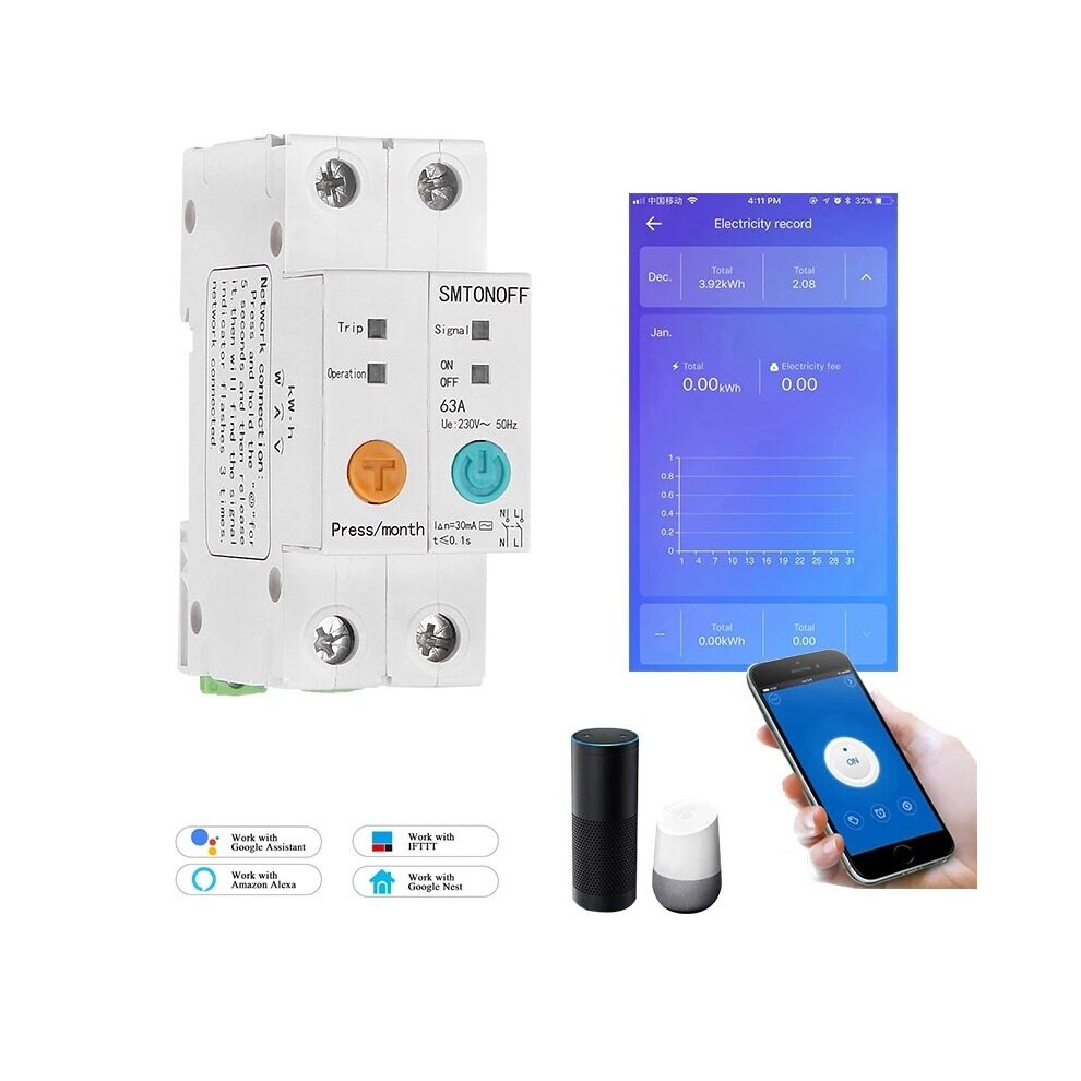 Single Phase Din Rail WIFI Smart Switch Energy Meter Leakage Protection Remote Read KWh Meter Wattmeter Works with Alexa Google 2P 63A