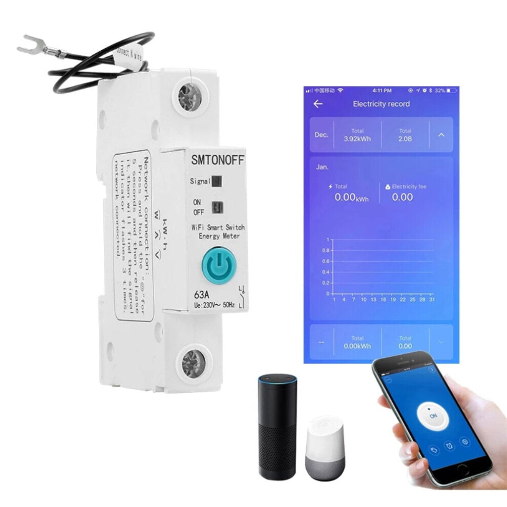 Single Phase Din Rail WIFI Smart Switch Energy Meter Leakage Protection Remote Read KWh Meter Wattmeter Works with Alexa Google