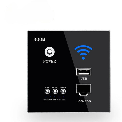 (Black) 220V 300Mbps Wireless WiFi Socket RJ45 Embedded Wall WIFI Route AP Relay Smart USB Socket Crystal Glass Panel