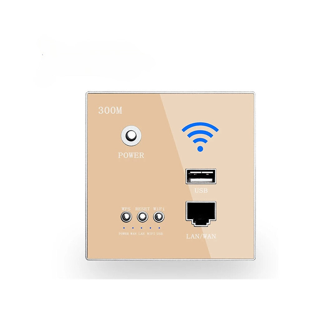 (Gold) 220V 300Mbps Wireless WiFi Socket RJ45 Embedded Wall WIFI Route AP Relay Smart USB Socket Crystal Glass Panel