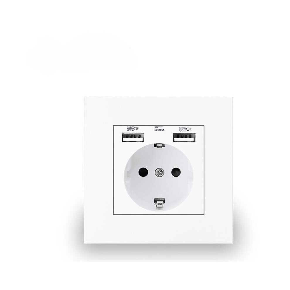 (White, EU Plug) Wall Embedded Double USB Household Wall Power Outlet 110V-250V 16A