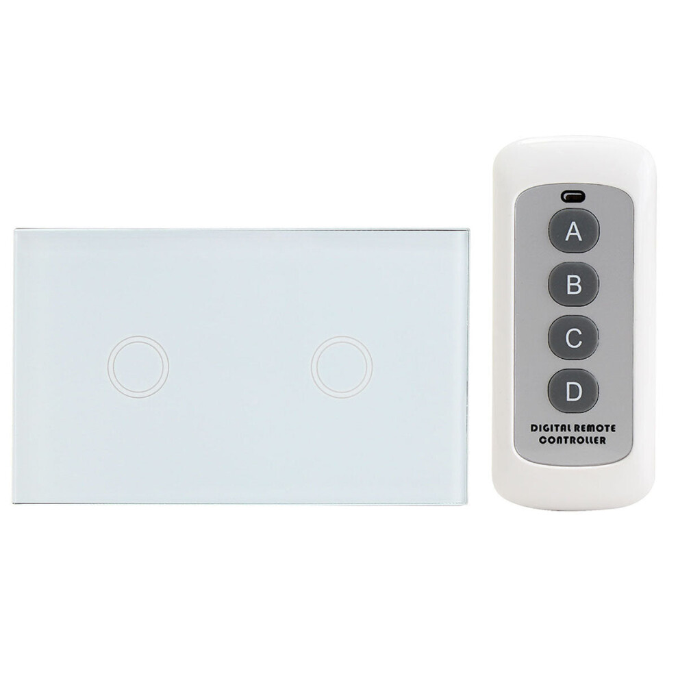 (White) Crystal 1 Way 2 Gang Glass Remote Panel Touch LED Light Switch Controller With Remote Control