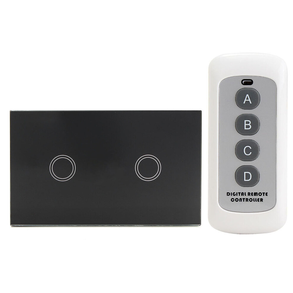 (Black) Crystal 1 Way 2 Gang Glass Remote Panel Touch LED Light Switch Controller With Remote Control