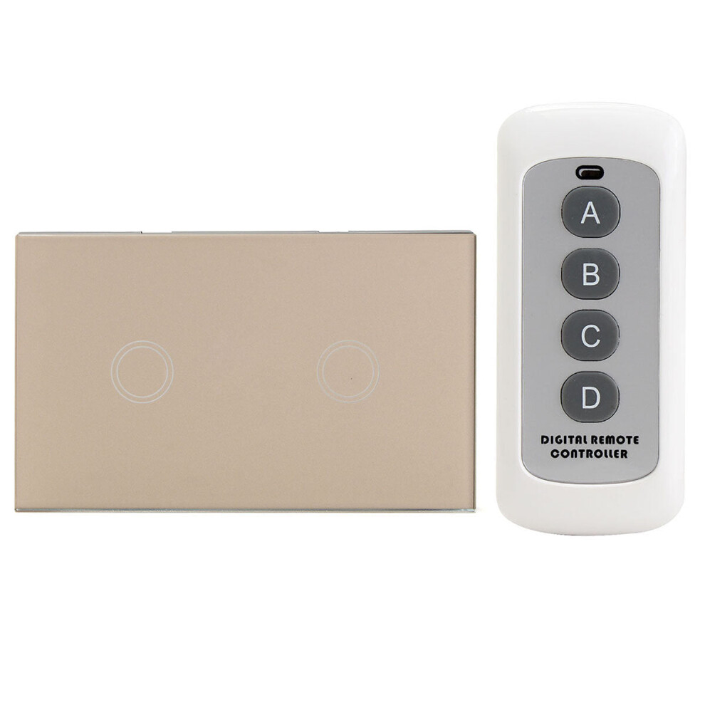 (Gold) Crystal 1 Way 2 Gang Glass Remote Panel Touch LED Light Switch Controller With Remote Control