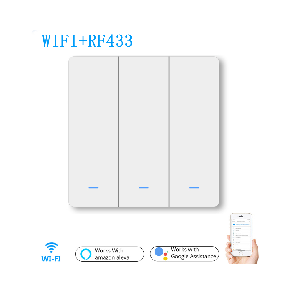 WiFi RF433 3Gang Push Button Wall Light Switch EU AC 100V-240V Smart Switch Compatible with Control Alexa Google Home