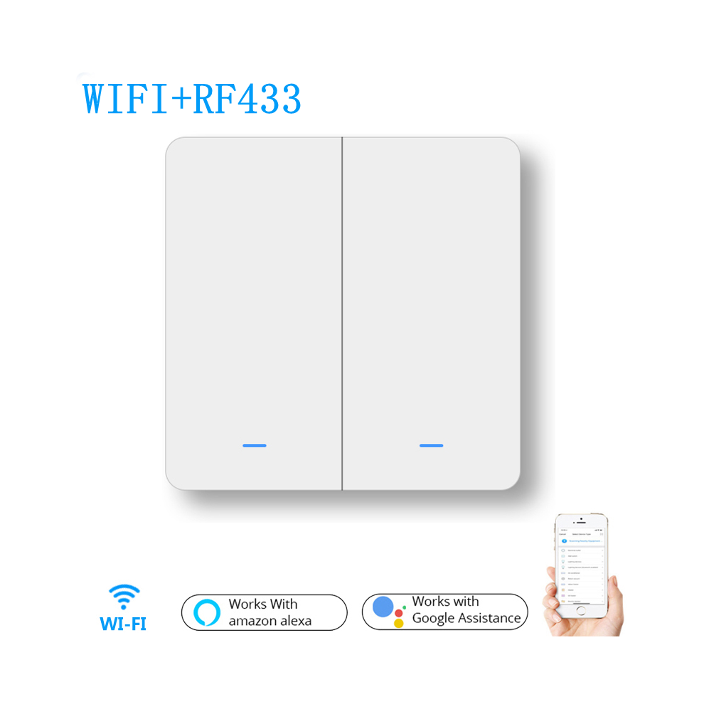 WiFi RF433 2Gang Push Button Wall Light Switch EU AC 100V-240V Smart Switch Compatible with Control Alexa Google Home