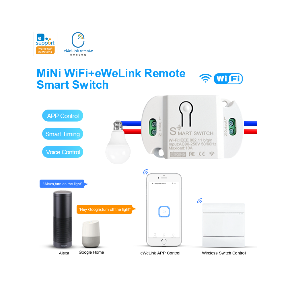 Mini WiFi+Bluetooth Smart Switch App Control Voice Control Light Intelligent Remote Control Switch Module for Smart Home Work with Alexa Google Home