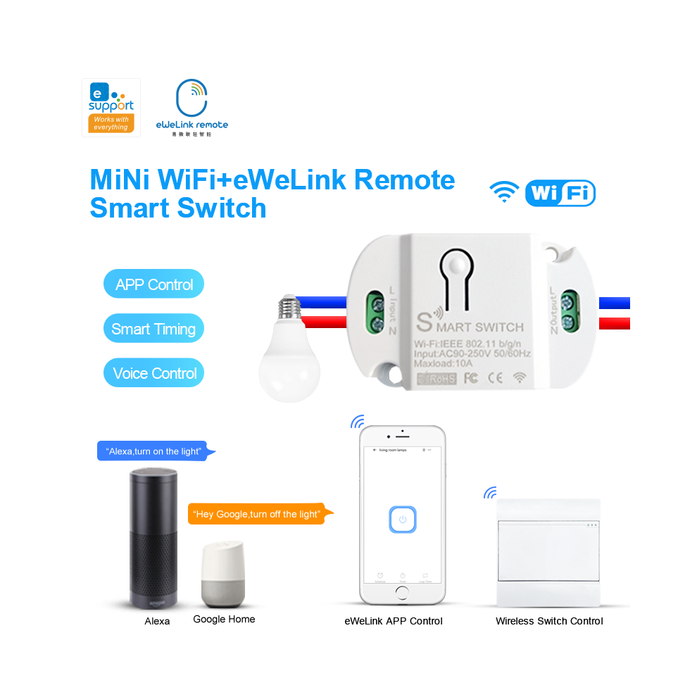 Mini Wifi+Bluetooth Smart Switch App Control Voice Control Light Intelligent Remote Control Switch Module For Smart Home Work With Alexa Google Home 6112212080252