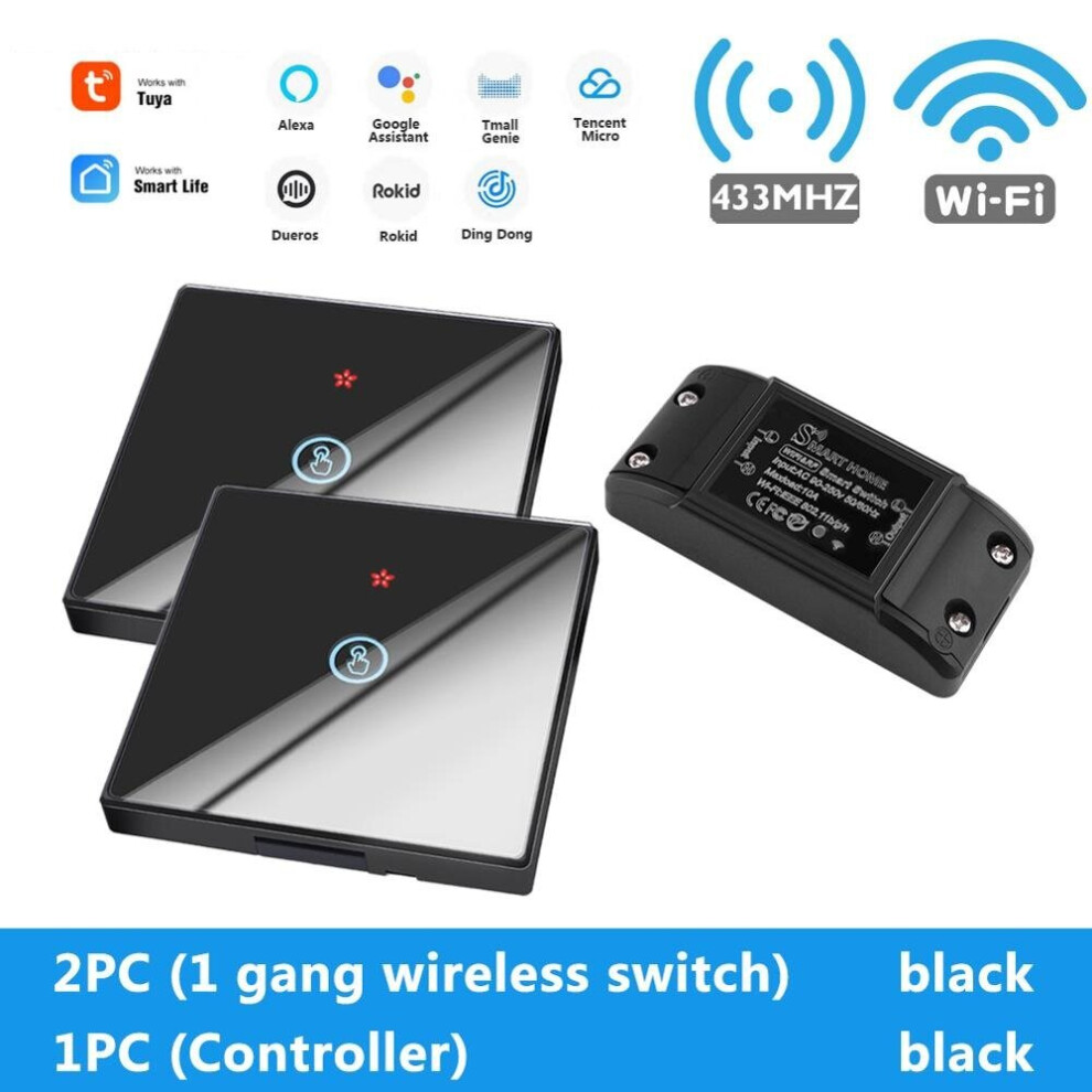 (2pc1 Gang  switch+1pc controller black) WiFi Light Switch 220V RF 433MHz With Breakers Remote Control Delay Module DIY Timer Switch Works With Alexa Google Home